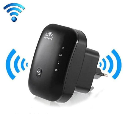 Wireless-N WiFi Repeater for Large Area Coverage with EU Plug black plug-in extender against white background showing signal icons