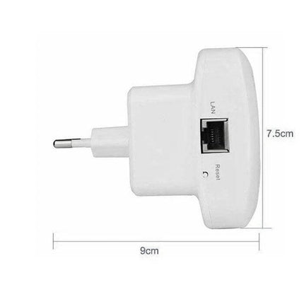 Wireless-N WiFi Repeater for Large Area Coverage with EU Plug white wall-mounted repeater showing EU plug and LAN port, 9cm x 7.5cm dimensions