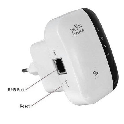 Wireless-N WiFi Repeater for Large Area Coverage with EU Plug white wall-mounted unit with RJ45 LAN port and reset button