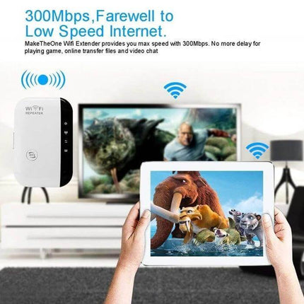 Wireless-N WiFi Repeater for Large Area Coverage with EU Plug shown boosting 300Mbps streaming to tablet and TV in living room