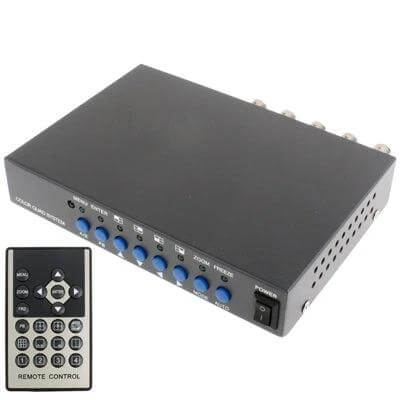 Quad Split Video Monitor for Multiple Camera Feeds in Black compact unit with remote showing eight-input BNC connections