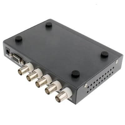 Quad Split Video Monitor for Multiple Camera Feeds in Black showing BNC input ports and compact metal housing