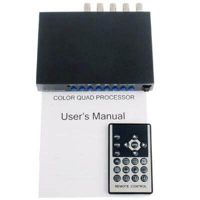 Quad Split Video Monitor for Multiple Camera Feeds in Black showing processor box, remote control and user manual for surveillance setup