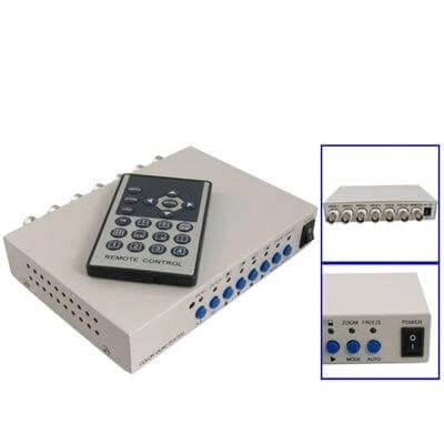 White CCTV 4 Channel Security Video Processor for Home Monitoring showing unit with remote and BNC/composite ports