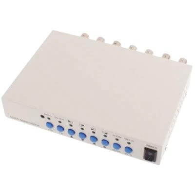 White CCTV 4 Channel Security Video Processor for Home Monitoring white 4-channel video processor box with BNC ports and blue control buttons
