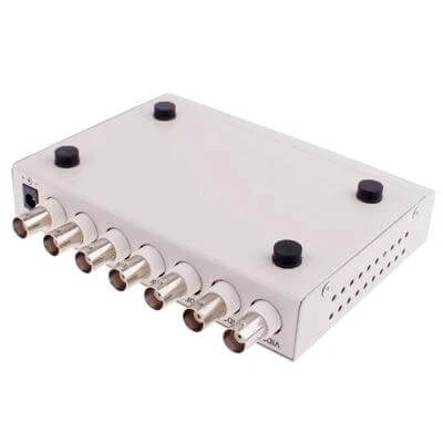 White CCTV 4 Channel Security Video Processor for Home Monitoring, top view showing four BNC inputs and compact white metal housing