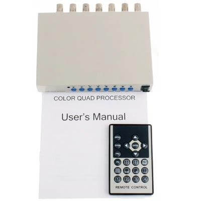 White CCTV 4 Channel Security Video Processor for Home Monitoring with remote control and user manual, white quad color processor, four BNC inputs
