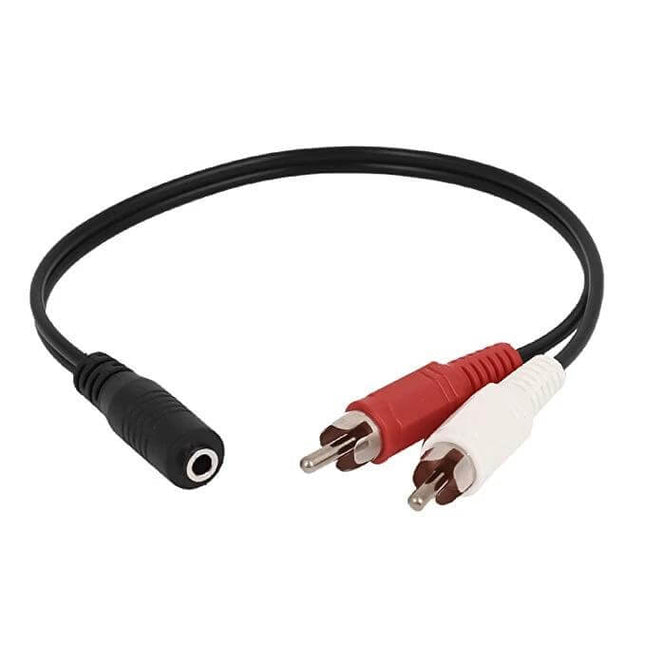 3.5mm Female to Dual RCA Male Audio Adapter Cable, 38cm Length - black cable with red and white RCA plugs for connecting smartphone or laptop to stereo