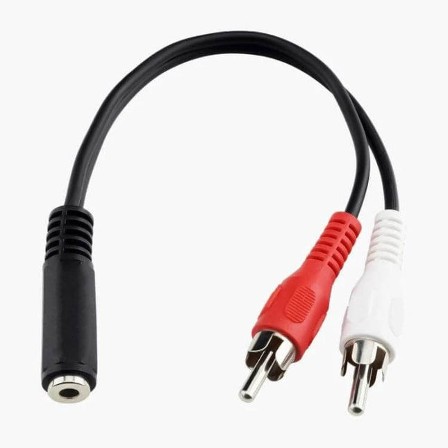 3.5mm Female to Dual RCA Male Audio Adapter Cable, 38cm Length - black cable with red and white RCA plugs for connecting phone or laptop to stereo