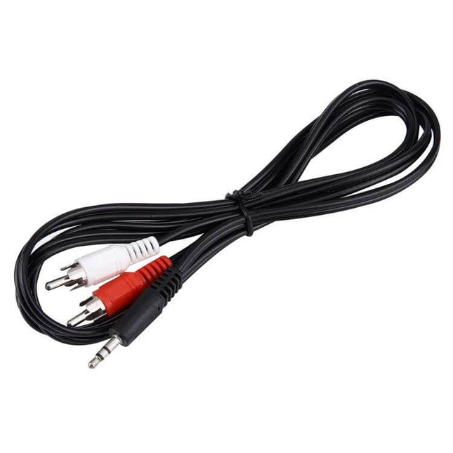 3.5mm Stereo Jack to Dual RCA Audio Cable - 1.5 Meters Long, black cable with red and white RCA plugs for connecting phones to stereo systems