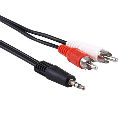 3.5mm Stereo Jack to Dual RCA Audio Cable - 1.5 Meters Long black cable with red and white RCA plugs for connecting smartphone to stereo