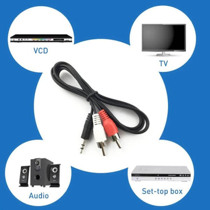 3.5mm Stereo Jack to RCA Audio Cable, 2.7 Meters Long - black cable with red white RCA connectors for TV, VCD, set-top box and audio speakers