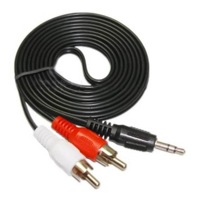 3.5mm Stereo Jack to Dual RCA Audio Cable, 5 Meters Long coiled black cable with red and white RCA plugs for home audio connections
