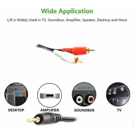 Gold Plated 1.5 Meter 3.5mm Stereo Jack to RCA Male Audio Cable connecting smartphone or laptop to speakers, amplifiers, TV with gold plated connectors