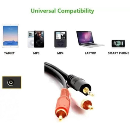 Gold Plated 1.5 Meter 3.5mm Stereo Jack to RCA Male Audio Cable showing gold-plated connectors and compatibility with tablet, laptop, smartphone