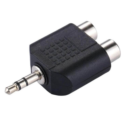 RCA to 3.5mm Audio Y Adapter for Device Connections - black compact adapter with two RCA female to single 3.5mm male for connecting turntable or stereo