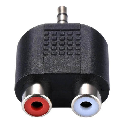 RCA to 3.5mm Audio Y Adapter for Device Connections black adapter with red and white RCA female ports and 3.5mm male plug