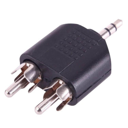 Y-Shaped Audio Adapter for RCA Male to 3.5mm Male Connections black adapter with two RCA male plugs to single 3.5mm male jack