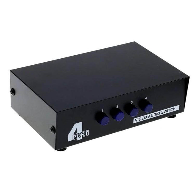 4-Port Audio Video Switch Box for Multiple TV Inputs - black 4-port AV switch with manual top buttons for DVD VCR gaming console connections