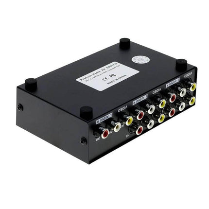 4-Port Audio Video Switch Box for Multiple TV Inputs showing four RCA input ports and single TV output with top manual switch