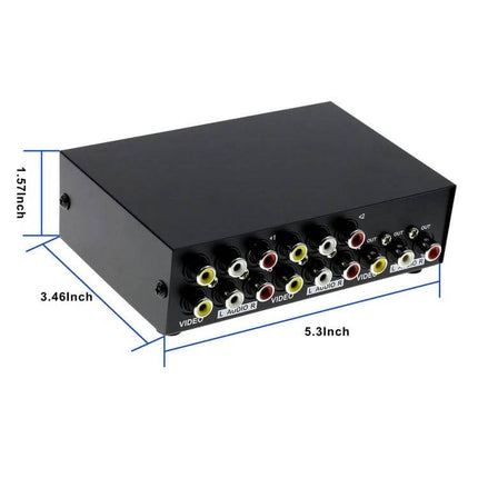 4-Port Audio Video Switch Box for Multiple TV Inputs - black 4-input RCA switch with manual top switch and labeled video/audio ports