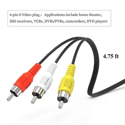 1.5 Meter S-Video to 3 RCA AV Cable Adapter for TV Connections - 1.5m S-Video to red white yellow RCA leads for DVD players and TVs