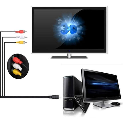 1.5 Meter S-Video to 3 RCA AV Cable Adapter for TV Connections showing S-Video plug to red white yellow RCA cables connecting PC and TV