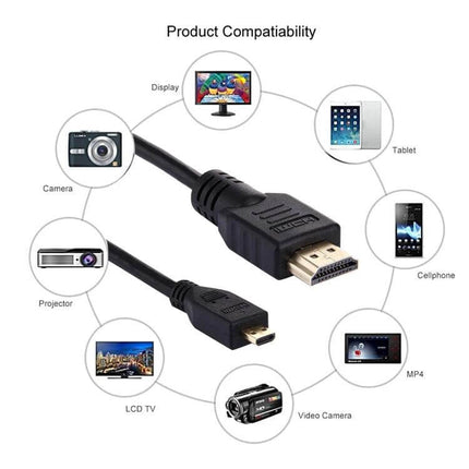 Micro HDMI to HDMI Cable for 1.5 Meter Device Connections - black cable showing Micro HDMI to HDMI connectors with compatible devices