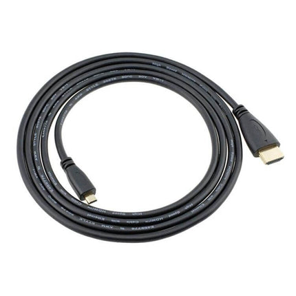 Black 1.5m Micro HDMI to HDMI Cable for Device Connections coiled black cable showing micro HDMI and HDMI connectors for connecting camera or tablet to TV