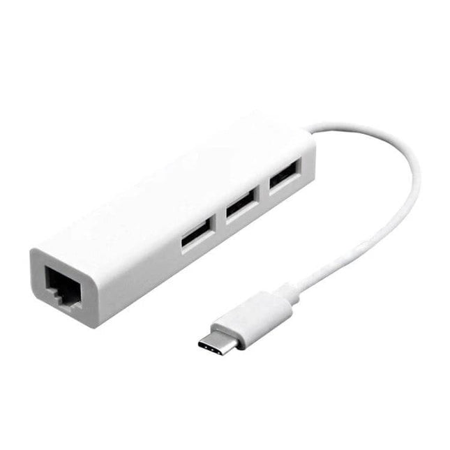 Type-C Multi-Function Adapter with USB Ports and RJ45 Ethernet white USB-C hub with three USB ports and Ethernet port for laptops and file transfer