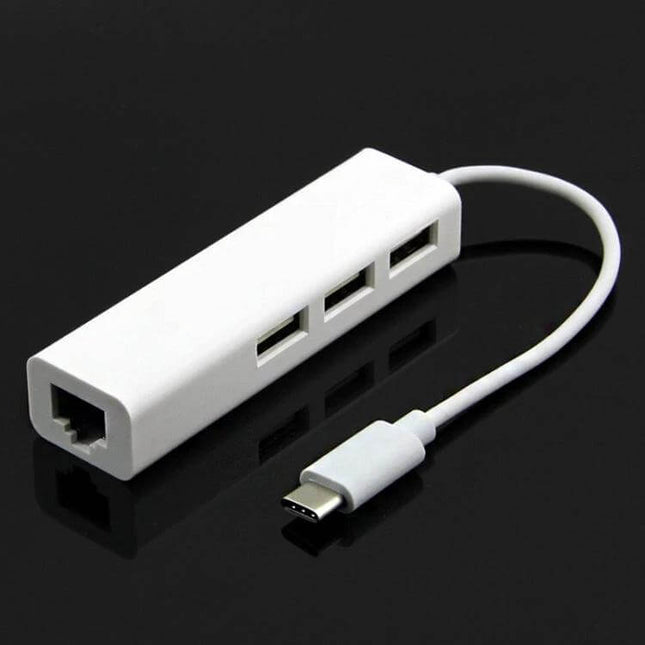 Type-C Multi-Function Adapter with USB Ports and RJ45 Ethernet - white USB-C hub with two USB ports and Ethernet jack for laptops