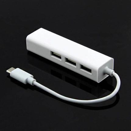 Type-C Multi-Function Adapter with USB Ports and RJ45 Ethernet white USB hub showing three USB ports and USB-C cable