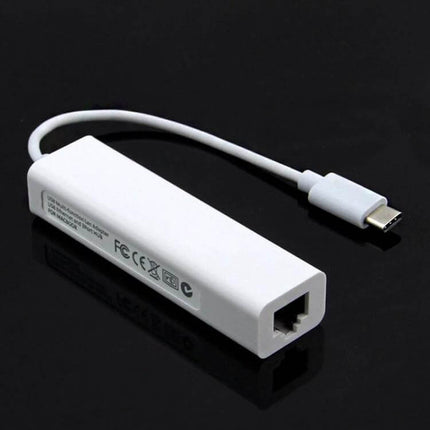 Type-C Multi-Function Adapter with USB Ports and RJ45 Ethernet compact white dongle showing USB-C cable and Ethernet port for stable wired connections