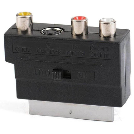Scart Male to Female Adapter with S-Video and Composite AV Connections - black SCART adapter with S-Video port and three color-coded RCA jacks