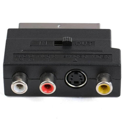 Scart Male to Female Adapter with S-Video and Composite AV Connections front view showing RCA jacks and S-Video port