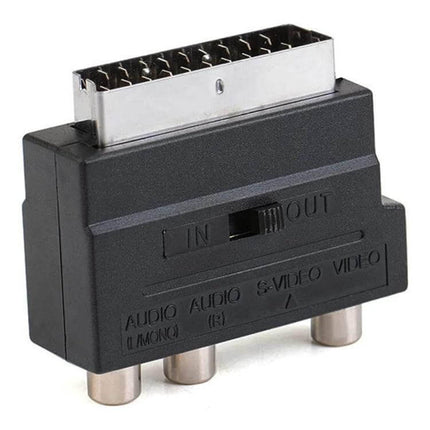 Scart Male to Female Adapter with S-Video and Composite AV Connections - black adapter with switch and three color-coded RCA jacks