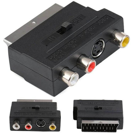 Scart Male to Female Adapter with S-Video and Composite AV Connections - black adapter with S-Video port and red white yellow RCA jacks