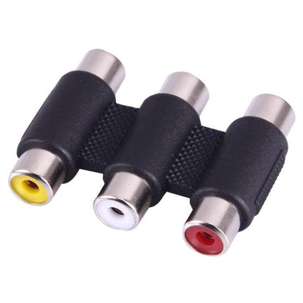 3 RCA Female to Female Coupler for Audio Video Connections — black triple RCA female coupler for stereo audio and composite video cable extension