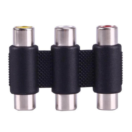 3 RCA Female to Female Coupler for Audio Video Connections - black triple RCA female-to-female adapter for extending stereo audio and video cables