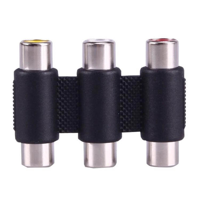 3 RCA Female to Female Coupler for Audio Video Connections - black triple RCA female-to-female adapter for extending stereo audio and video cables
