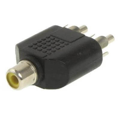 RCA Audio Adapter: Female to Dual Male Connectors for Audio Connections - black plastic splitter with one female yellow RCA and two male RCA plugs