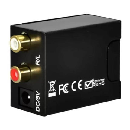 Digital to Analog Audio Converter for Optical and Coaxial Signals - black RCA output box with red/white jacks and DC 5V input