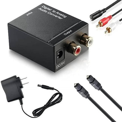 Digital to Analog Audio Converter for Optical and Coaxial Signals - black converter box with RCA outputs, power adapter and Toslink/coax cables