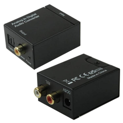 Analog RCA to Digital Optical Coaxial Audio Converter black box showing RCA inputs, coaxial and Toslink digital outputs for connecting legacy stereo to modern TV