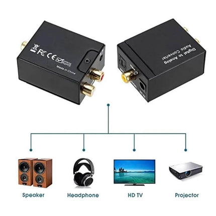 Analog RCA to Digital Optical Coaxial Audio Converter black box with RCA inputs and coaxial/Toslink outputs shown with speakers, TV, headphones