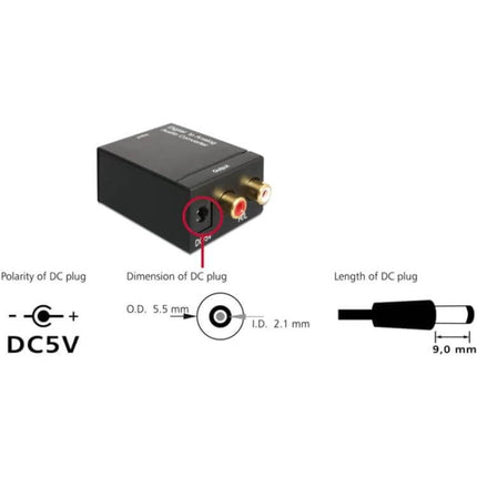 Analog RCA to Digital Optical Coaxial Audio Converter small black unit with RCA inputs and Toslink/coax outputs, DC5V polarity and 5.5x2.1mm DC plug specs