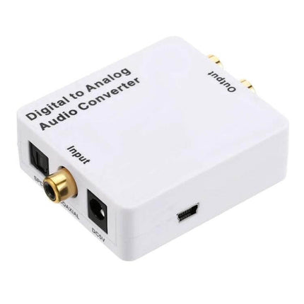 Mini Digital to Analog Audio Converter for Home Systems white compact unit with optical, coaxial input and RCA output for connecting digital sources to analog speakers