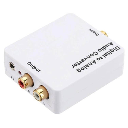 Mini Digital to Analog Audio Converter for Home Systems, white compact unit with RCA outputs and optical input
