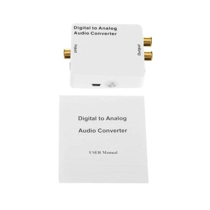 Mini Digital to Analog Audio Converter for Home Systems - white compact converter box with RCA outputs and user manual