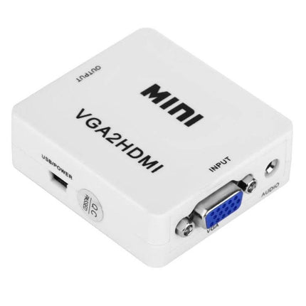 Compact VGA to HDMI Converter for High-Definition Signals - white mini VGA2HDMI adapter showing VGA input, audio jack and USB power
